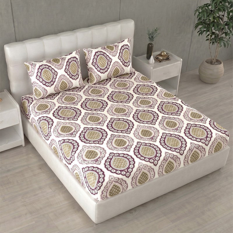 Weavra Printed Pure Cotton Bedsheet (White,Purple) - 144 TC - King