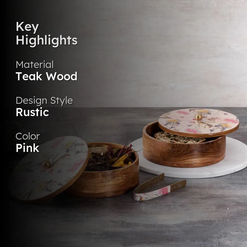 Opulia Teak Wood Round Masala Box - Three Piece Set media 2