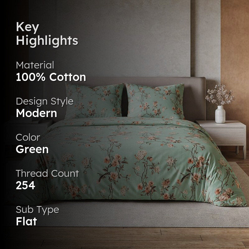 Cherry Blossom Floral Cotton Bedsheet (Green) - 254 TC media 2