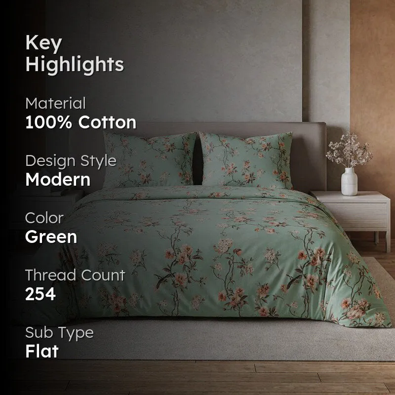 Cherry Blossom Floral Cotton Bedsheet (Green) - 254 TC media 2