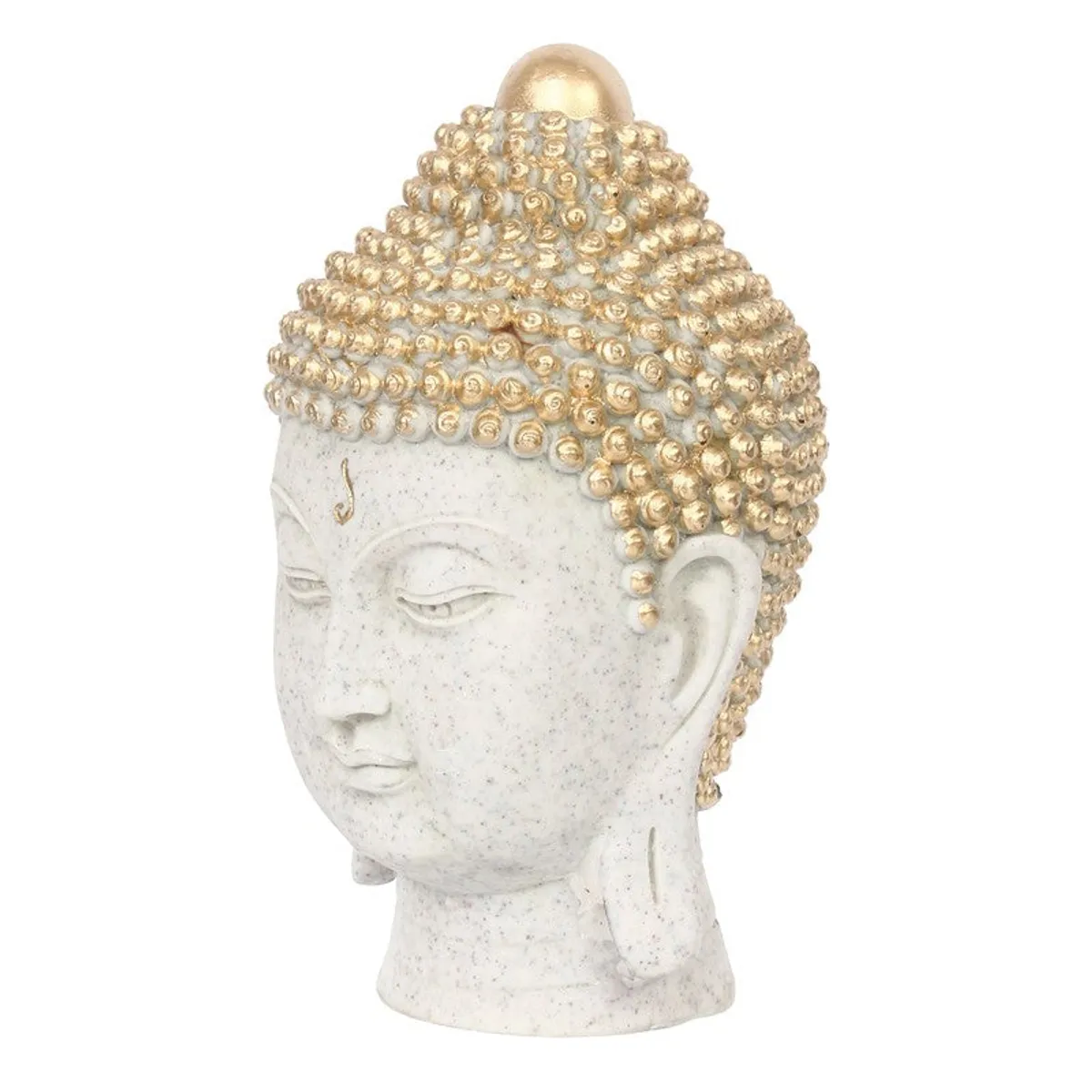 Three-quarter view of white and gold Buddha head idol