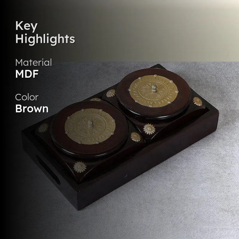 Brown and gold dry fruit container shown with material and colour highlights