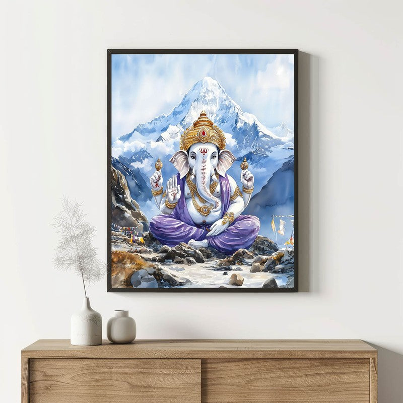 Ganapati Of The Heights Spiritual Archival Paper Wall Painting With Frame - Black