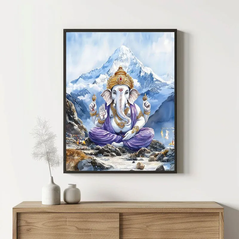 Ganapati Of The Heights Spiritual Archival Paper Wall Painting With Frame - Black media 1