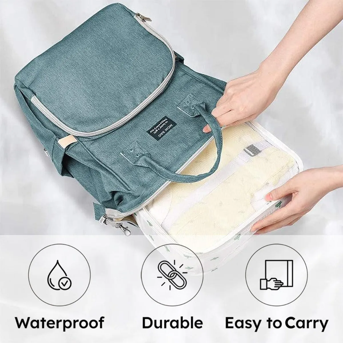 Green travel organiser opened to reveal a light cactus-print organiser inside.