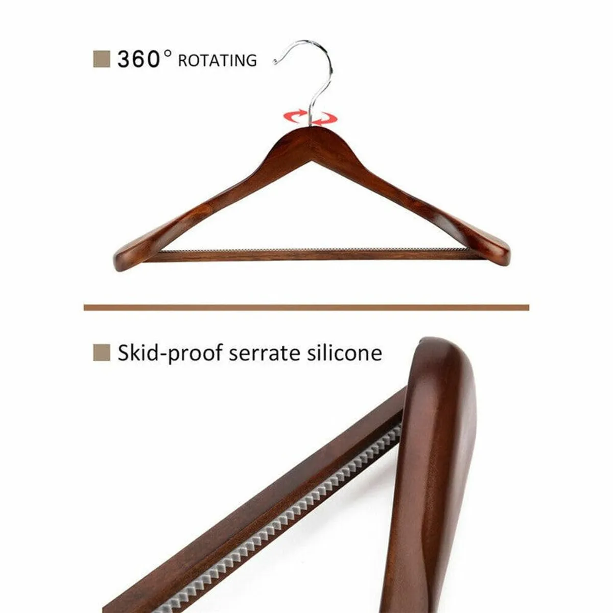 Brown wooden hanger with silver hook shown against a plain background