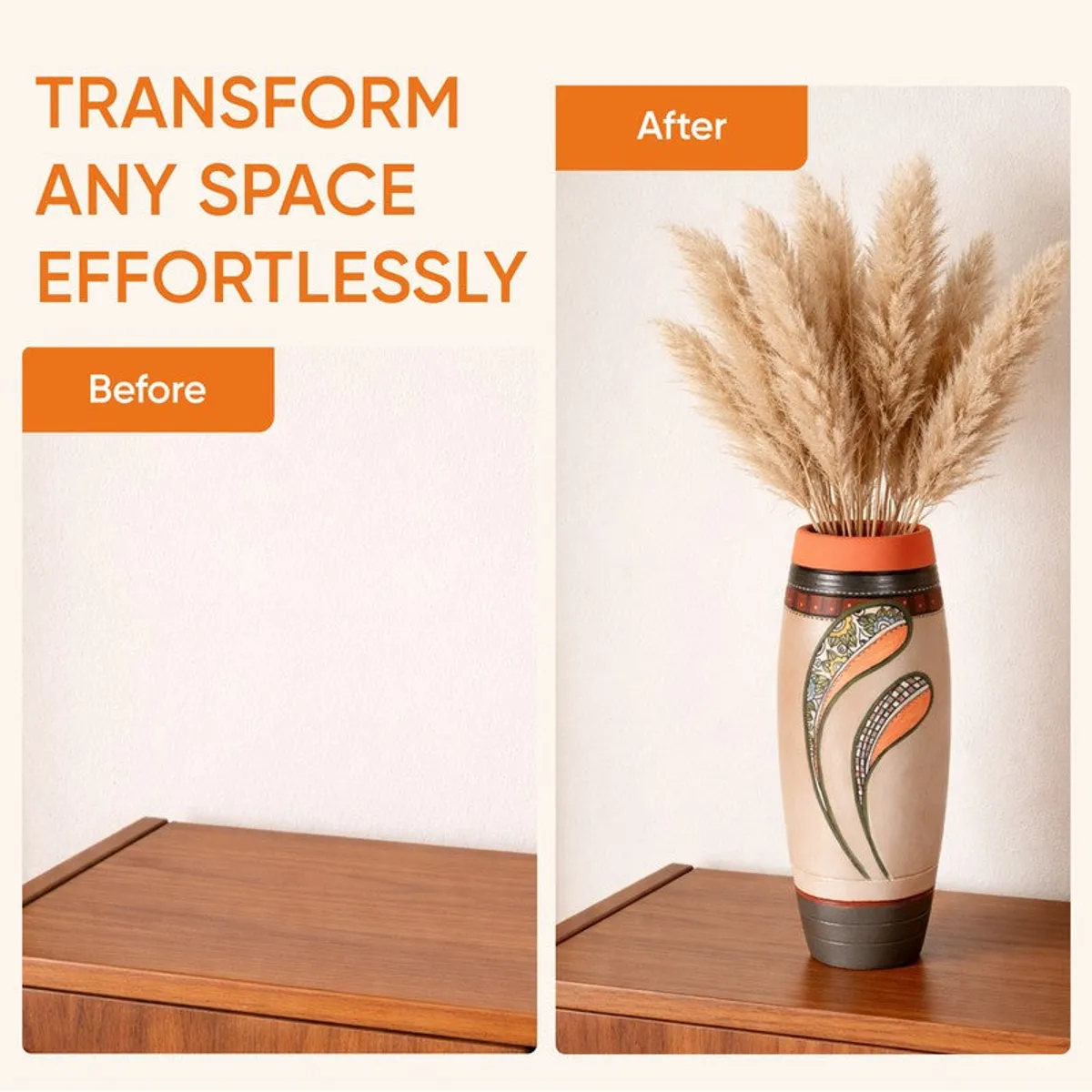 Before and after styling image with the painted terracotta vase on a cabinet