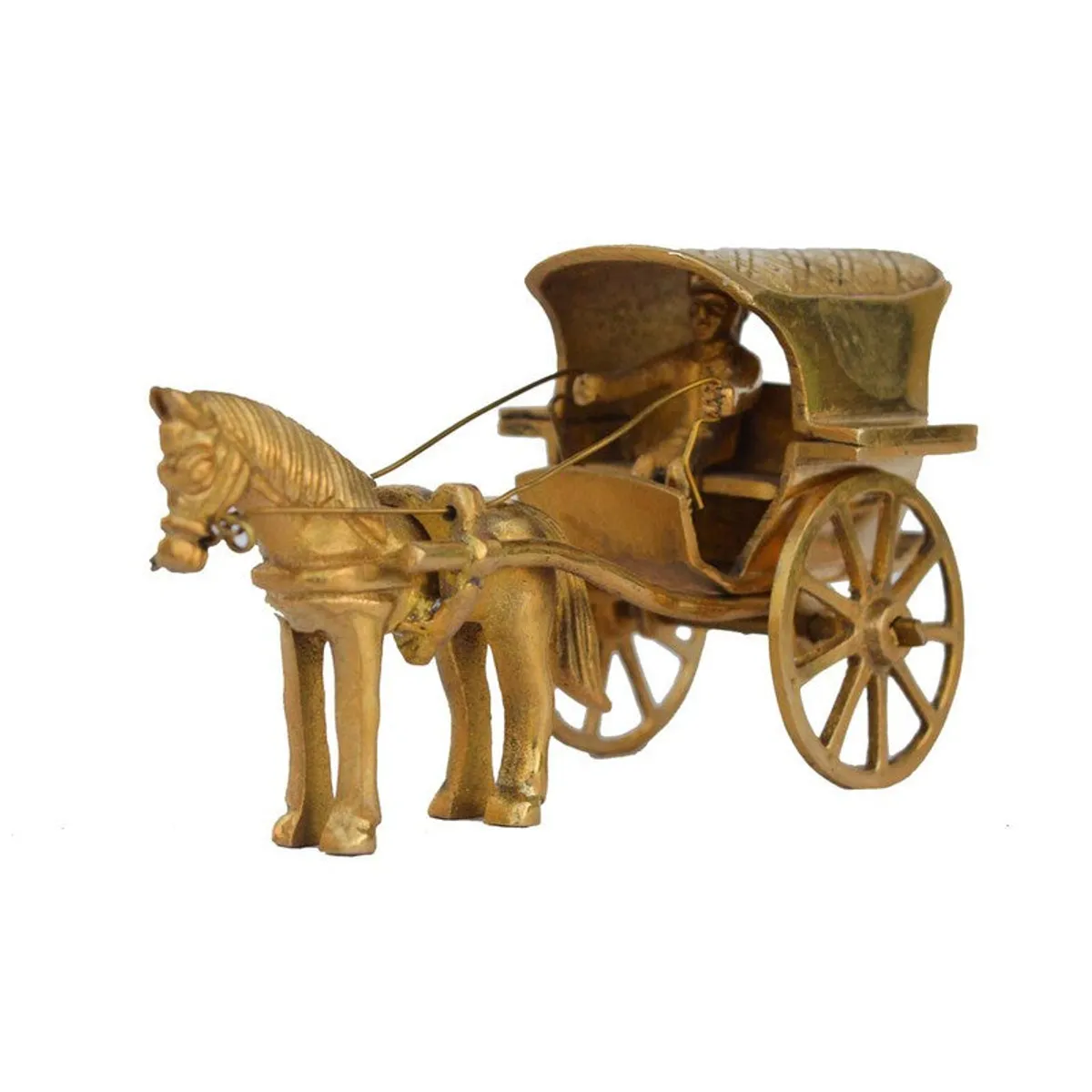 Gold-toned brass showpiece with a wheeled carriage form on a white background