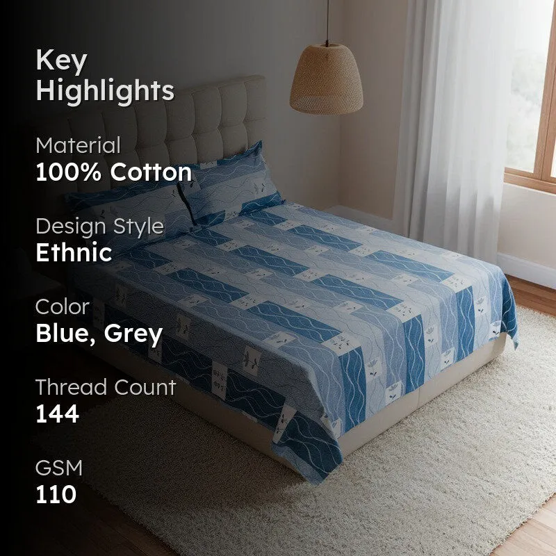 Shirava Wavy Cotton Bedsheet (Blue) - 144 TC media 2