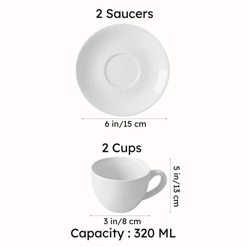 White saucer and cup diagrams showing the set measurements