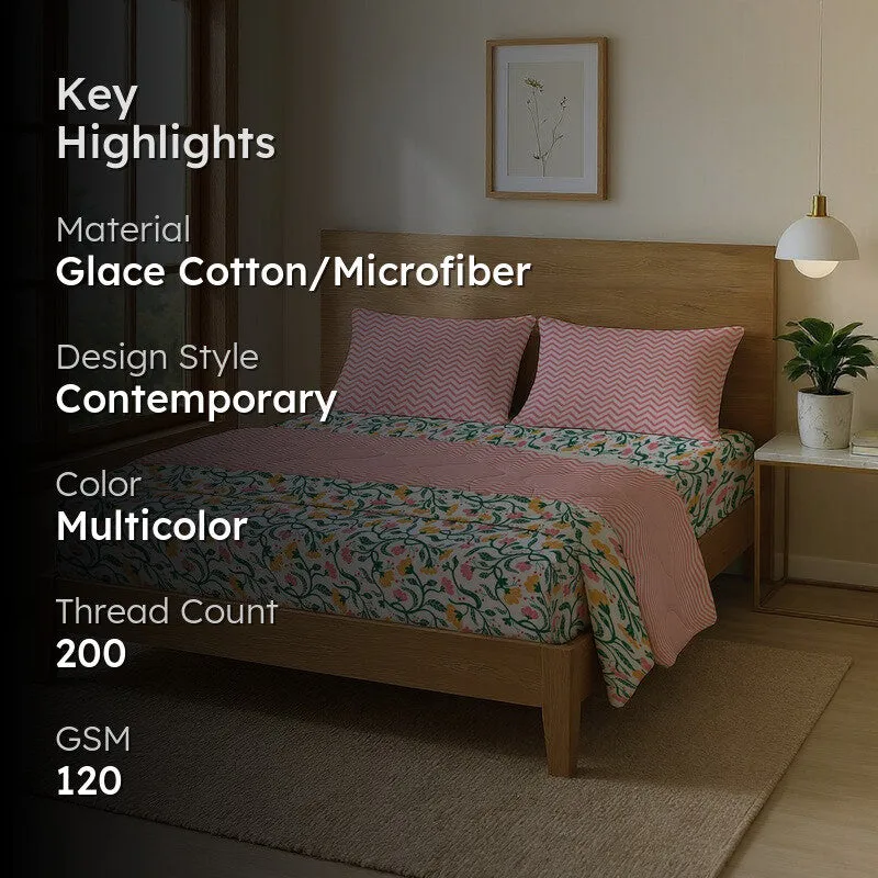 Bedroom scene with multicolour bedding set and key highlights overlay