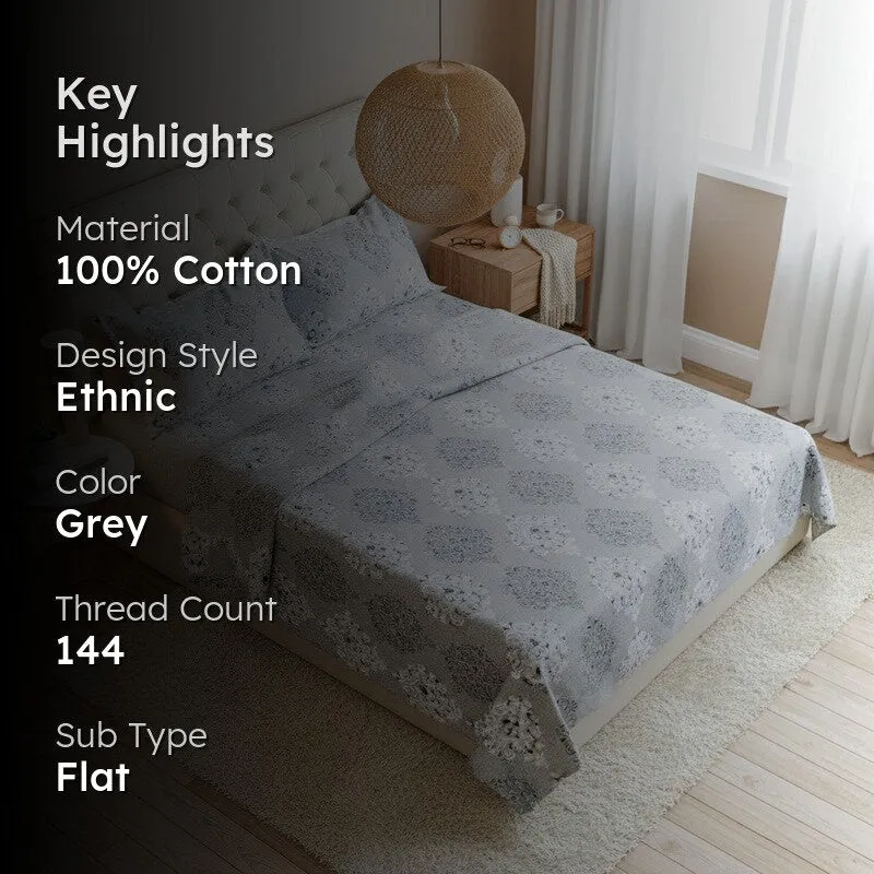 Ivora Ethnic Cotton Bedsheet (Grey) - 144 TC media 2