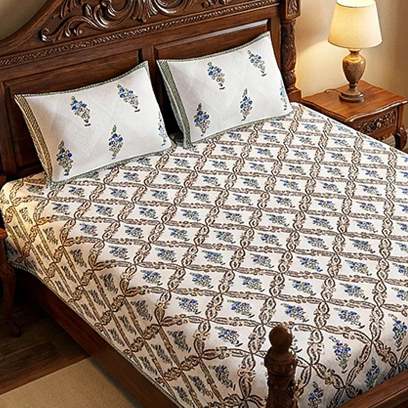 Nawabi Cotton Bedsheet (Taupe, Blue) - 180 TC media 3