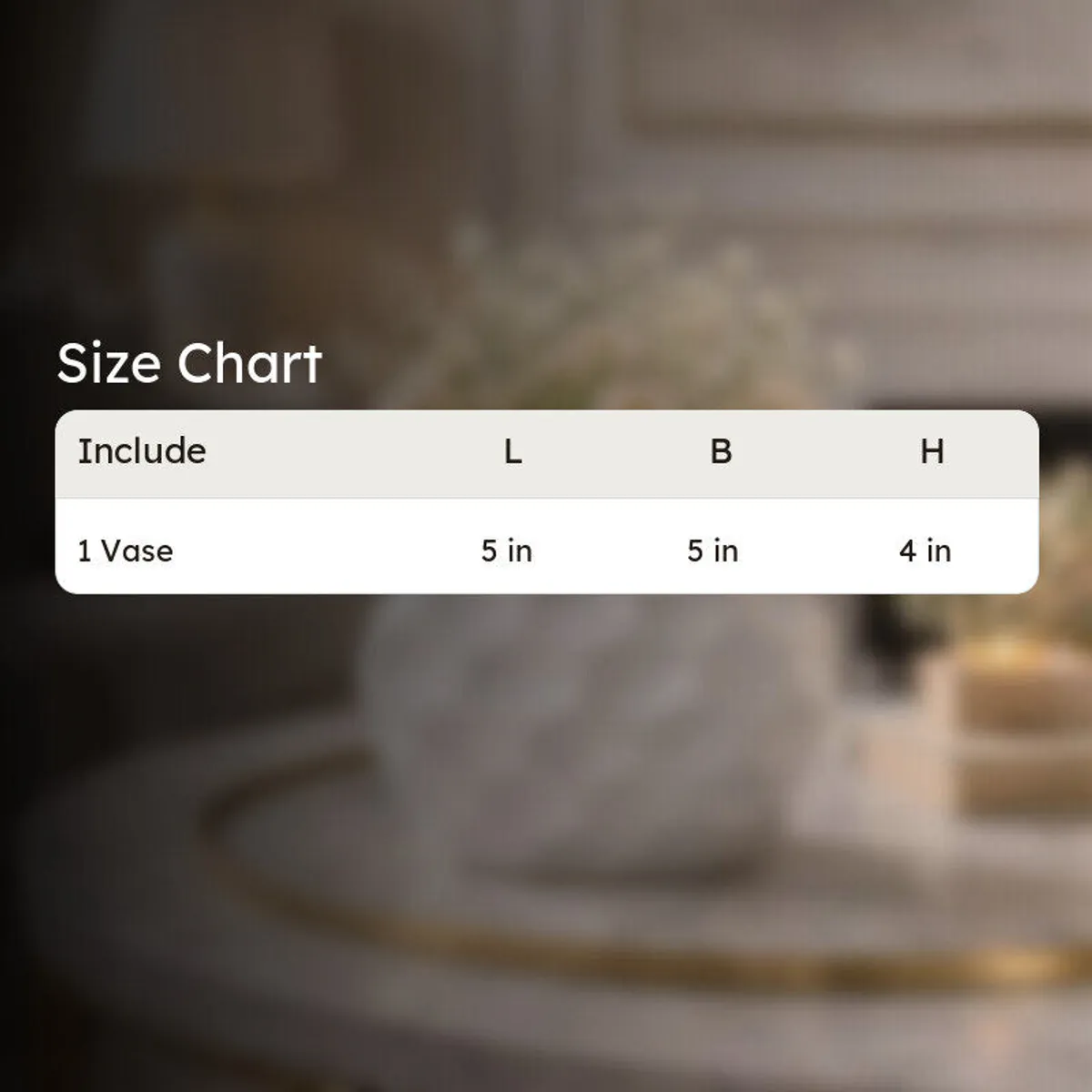 White textured vase blurred in the background behind a size chart graphic.