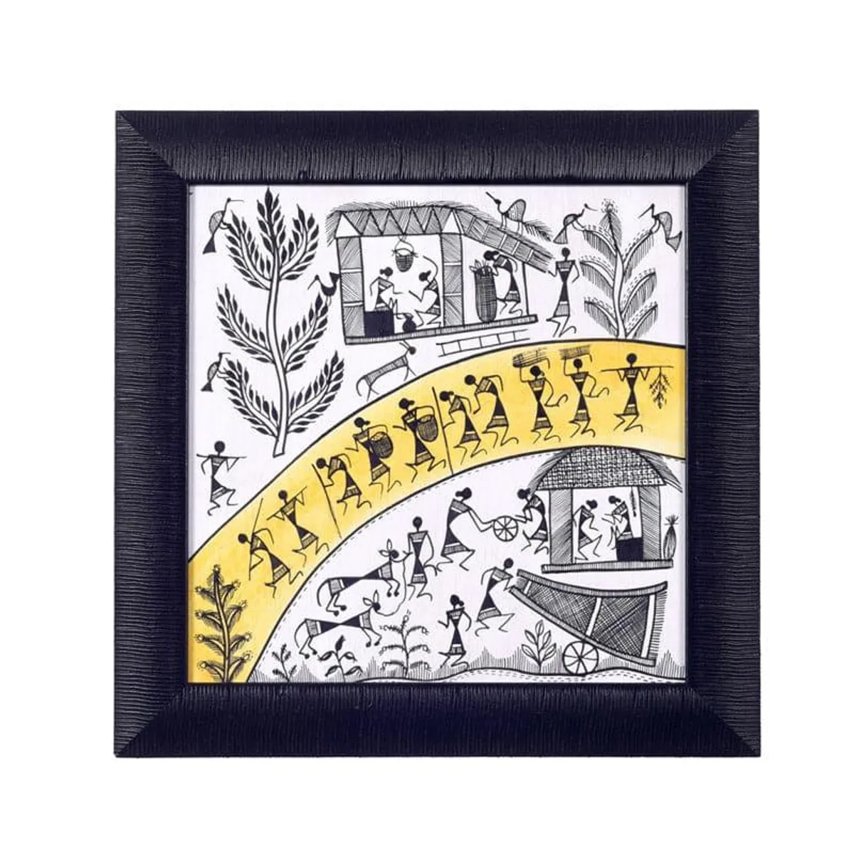 Framed square Warli-style wall art with yellow curved band and black tribal figures
