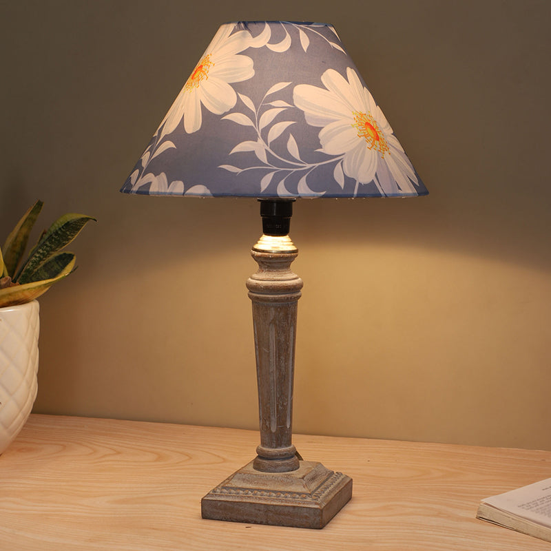 Daisy Blooms Vale Printed Mango Wood Table Lamp - White,Blue,Brown