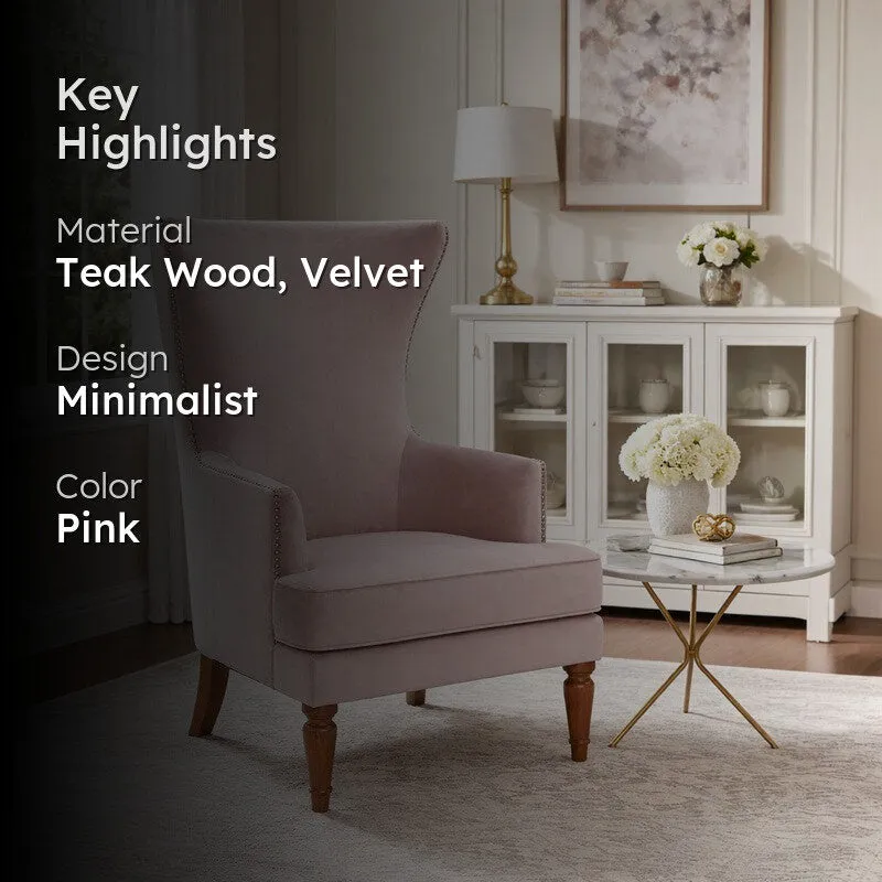 Elysian Teak Wood & Velvet Luxe Lounge Chair - Pink media 2