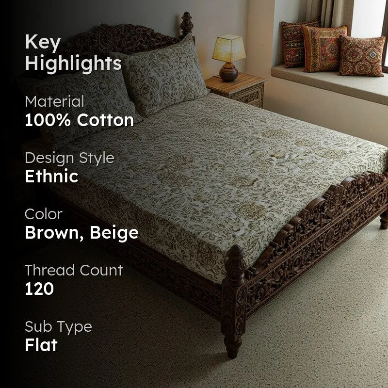 Micola Floral Printed Cotton Bedsheet (Brown) - 120 TC media 2