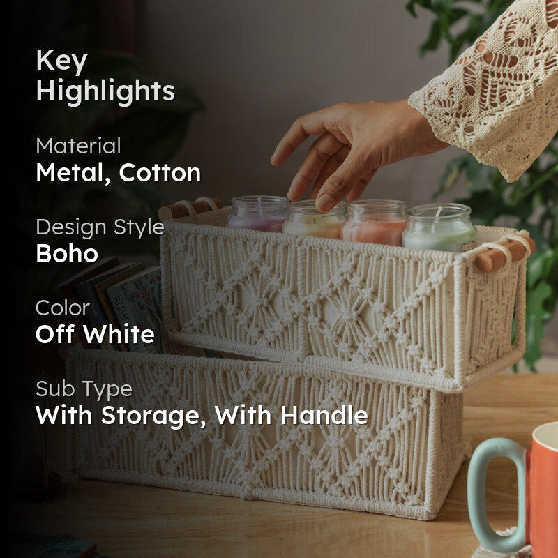 Hushka Macrame (Metal,Cotton) Storage Basket - Set of Two media 2