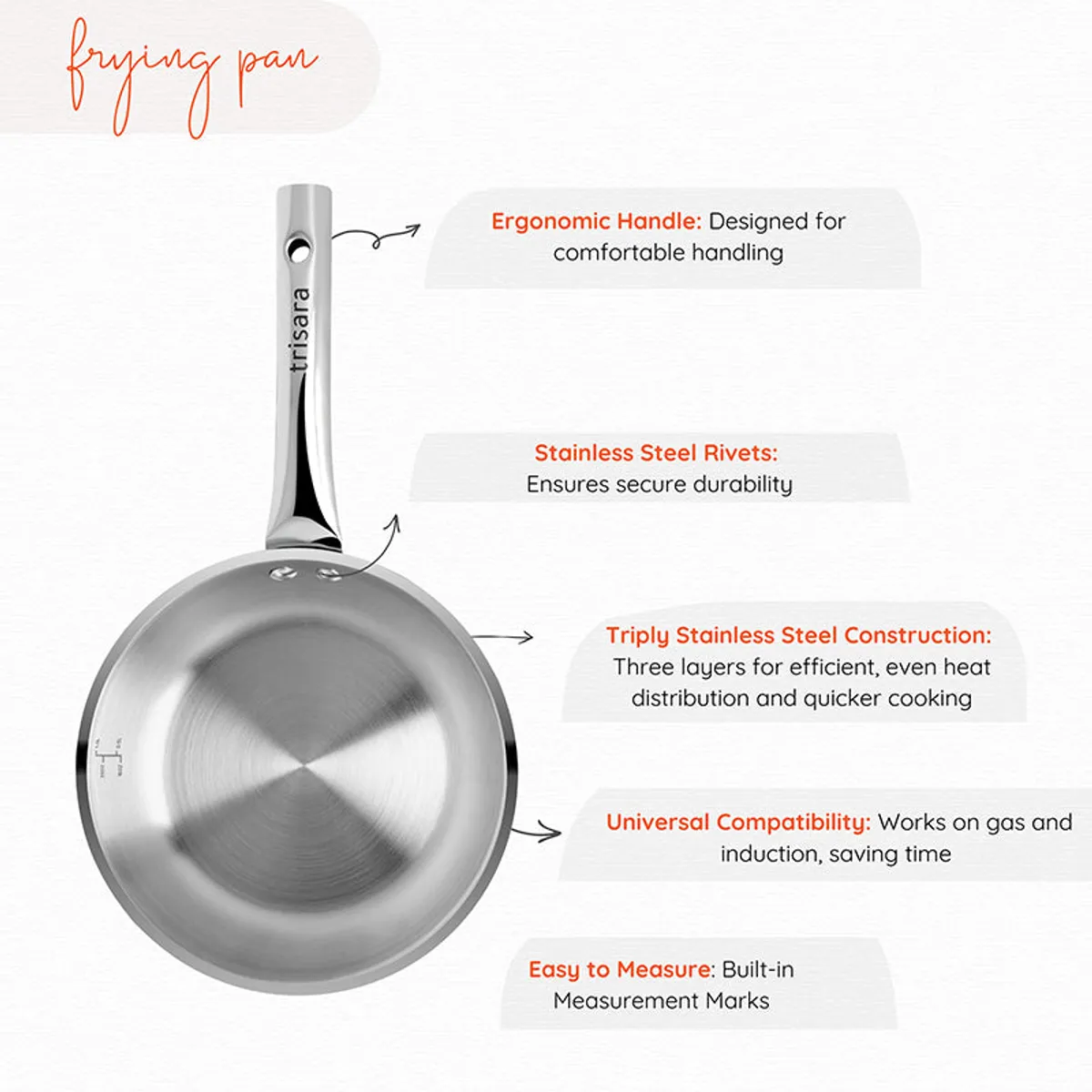 Top view of a silver frying pan with a long handle and inner markings