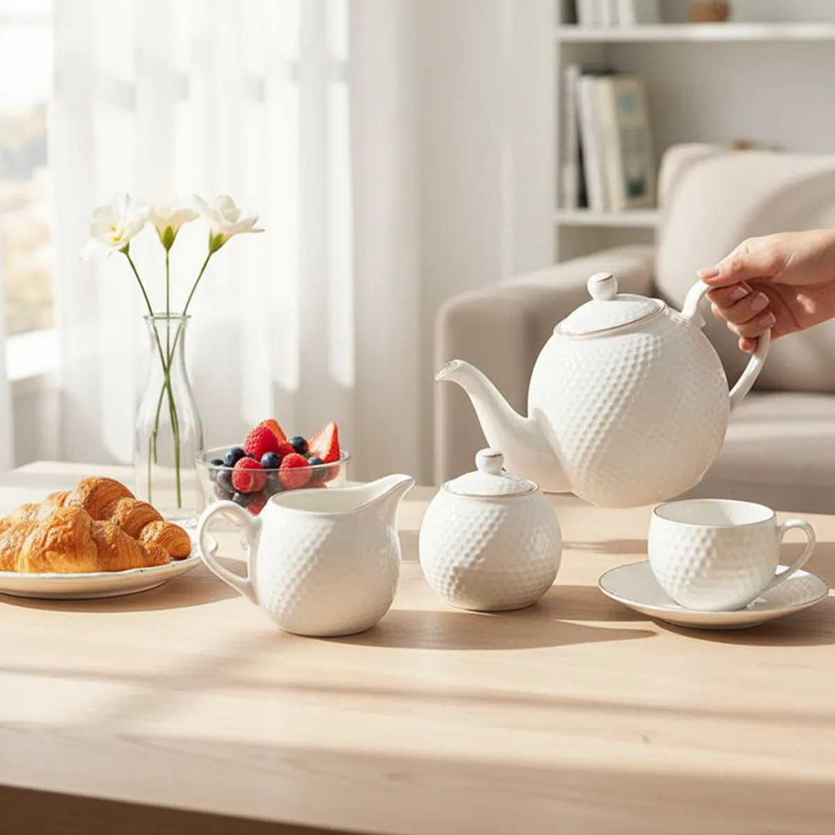 White textured tea set arranged on a table with pastries, fruit and flowers