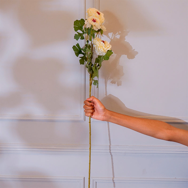 Faux Peony Flower Stick With Leaves (White) - 35 CM