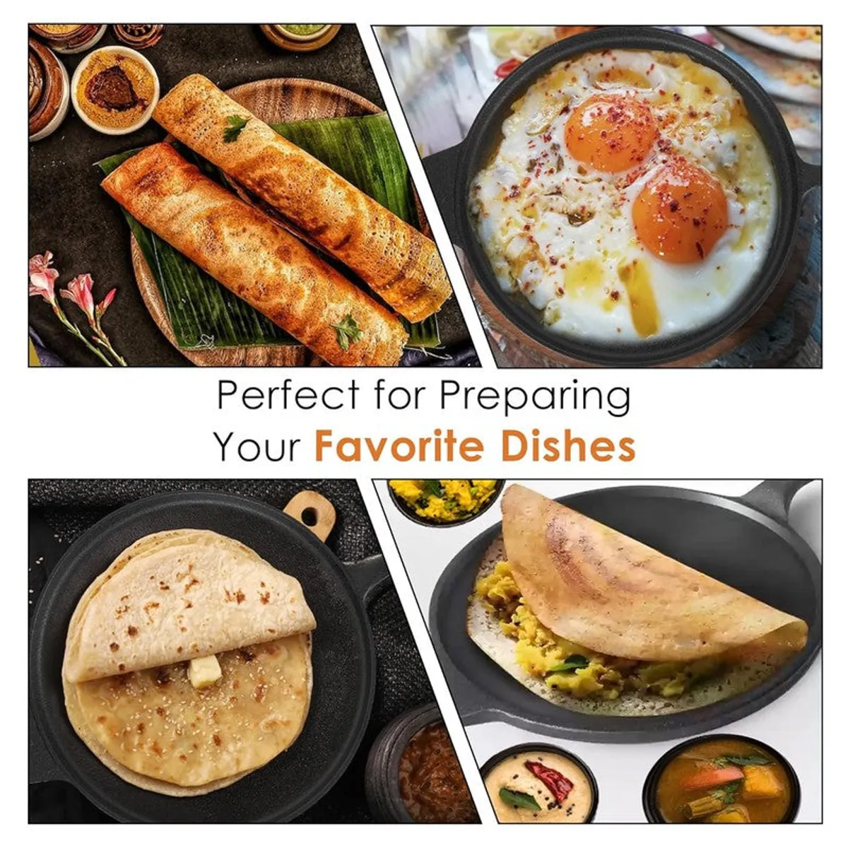 Collage showing the tawa used for dosa, eggs and flatbreads