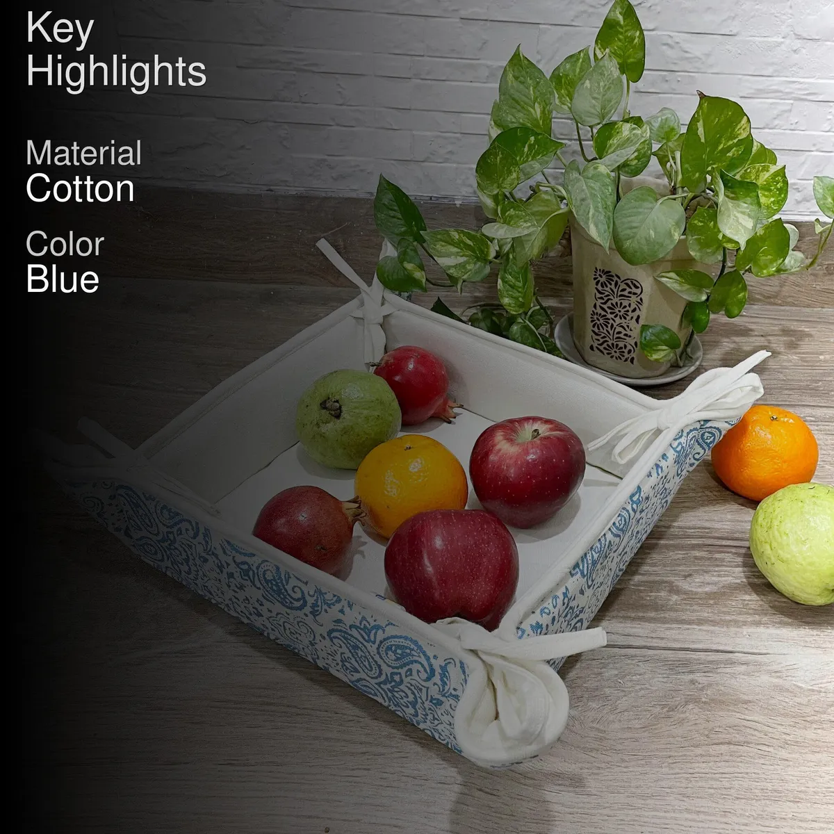 Bread basket with fruits and key highlights text overlay