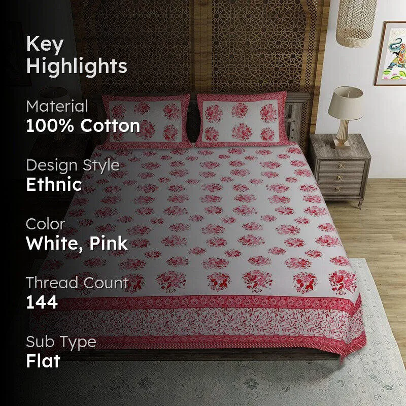 Bhuja Floral Cotton Bedsheet (Pink) - 144 TC media 2