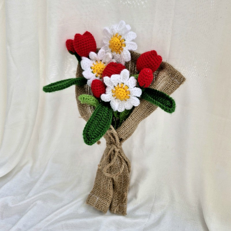 Crochet Handmade Rose & Tulip Bouquet (Red,White) - Set Of Nine media 4
