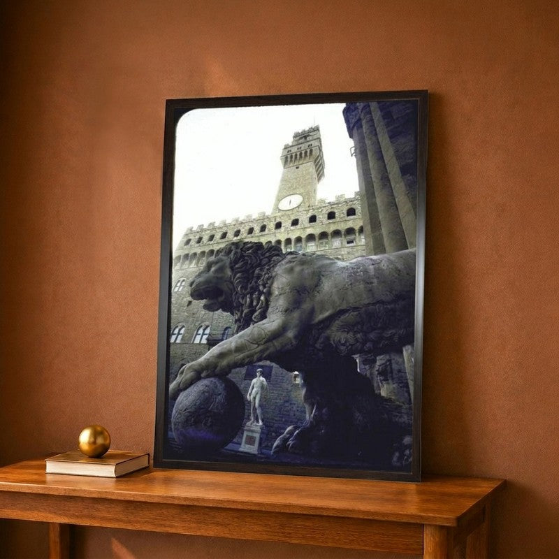Replica of the David under Belly of Roman Lion in Piazza Della Canvas Wall Painting - 8 x 12 Inches
