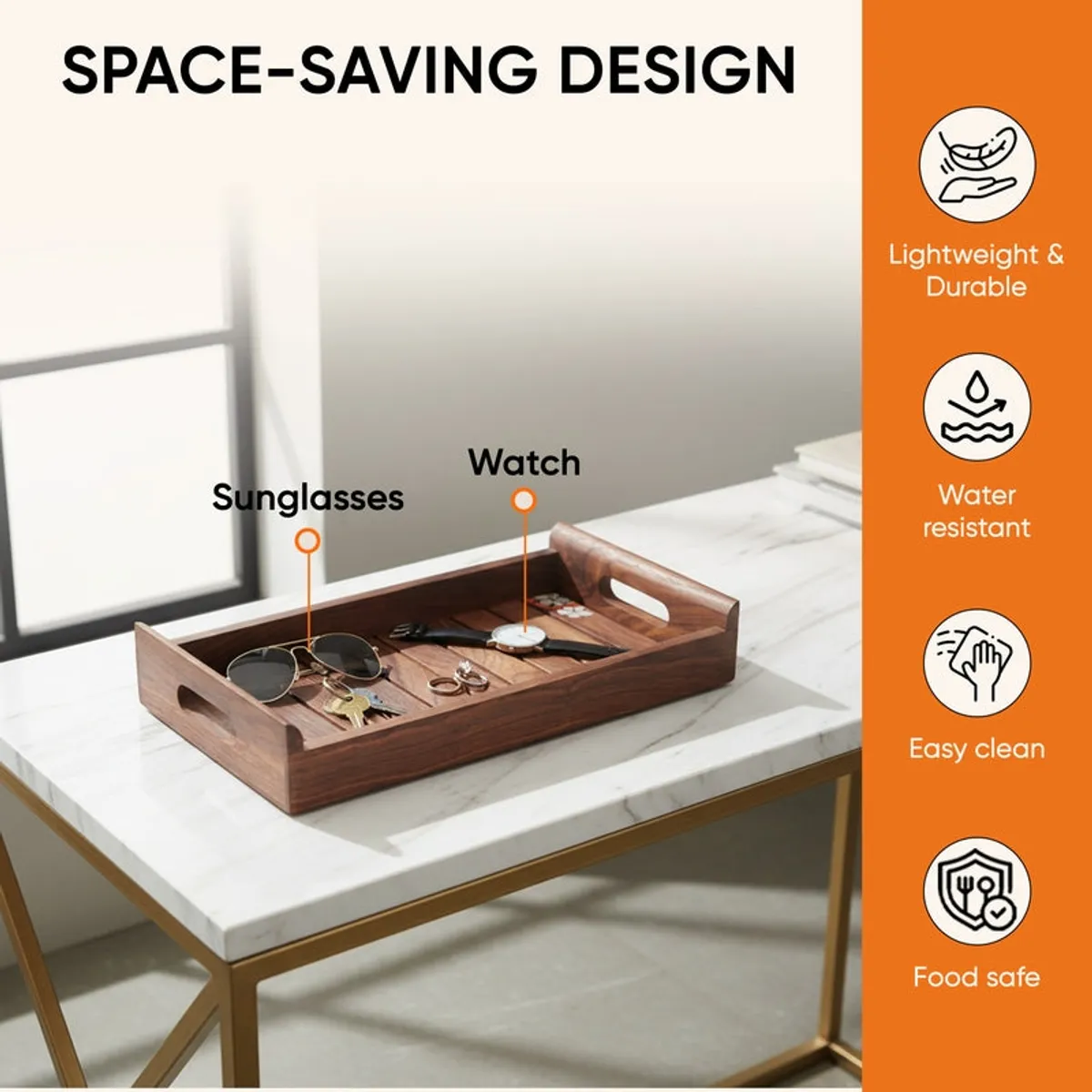Brown wooden tray displayed with small personal items on a table