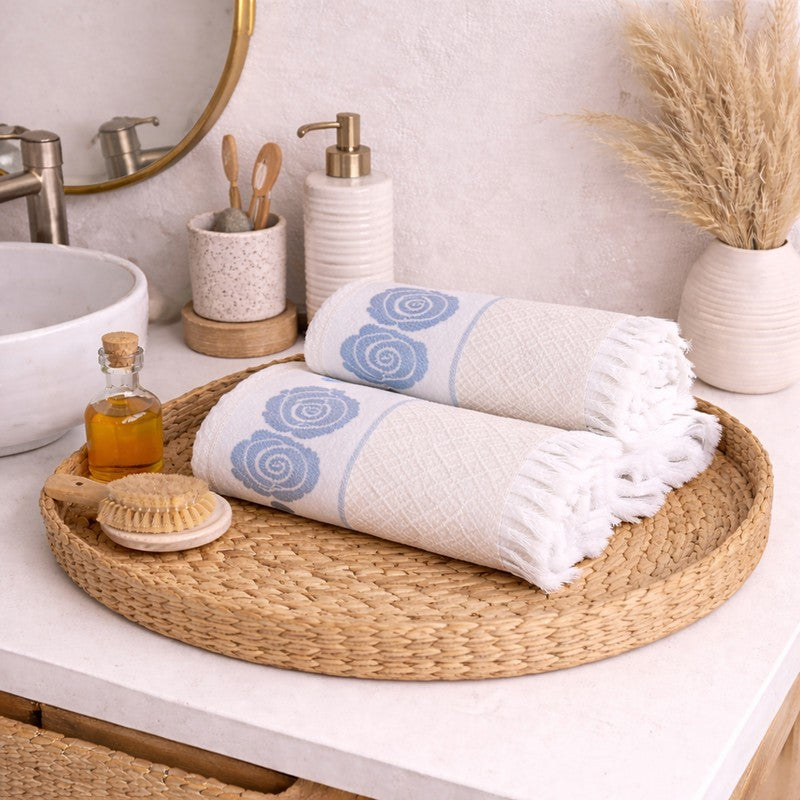 Rosette Cotton Bath Towel (Blue & White) - Set Of Two media 5