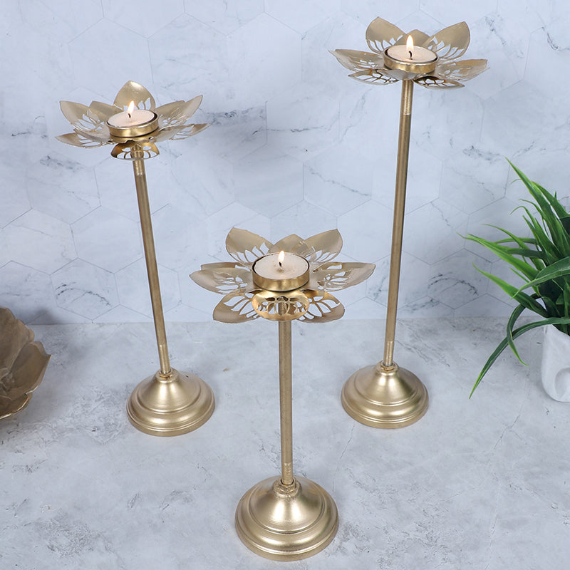 Gold Phool Tea Light Holder - Set Of Three media 6