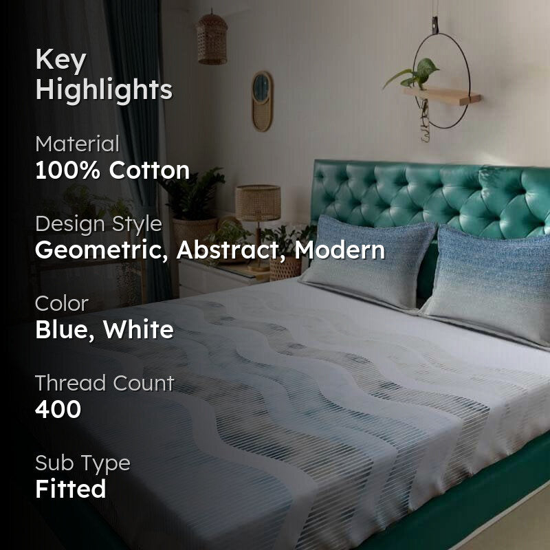 Zigzag Zest Fitted Cotton Bedsheet (Blue) - 400 TC media 2