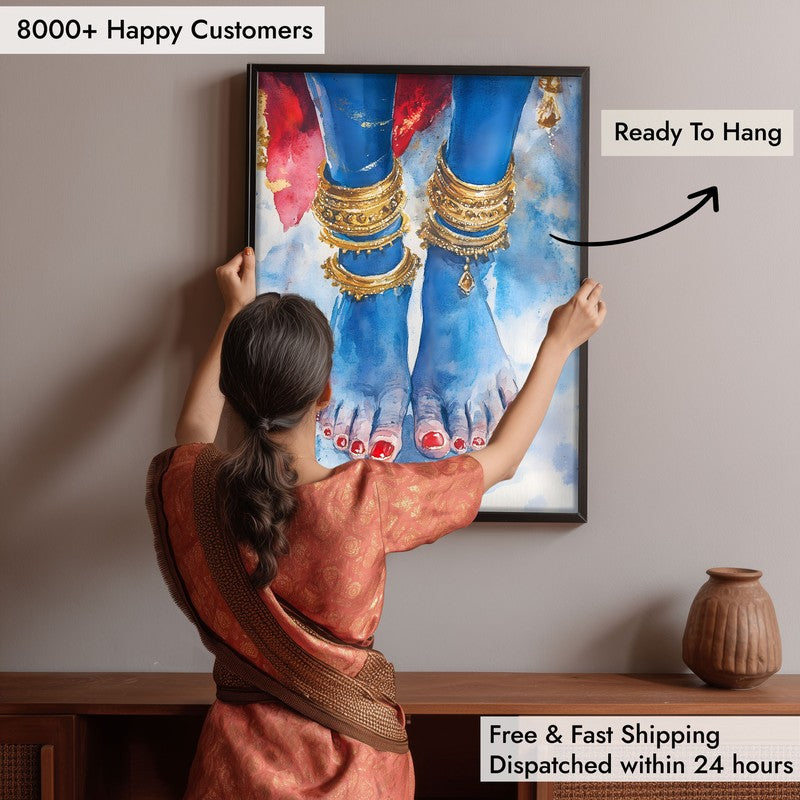 Blue Lotus Feet Spiritual Archival Paper Wall Painting With Frame - Black media 7
