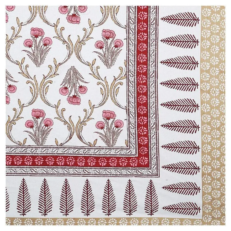 Close-up of floral pattern and bordered edge in red, white and beige