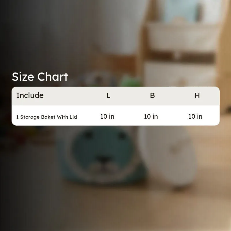 Blue and white lion-face storage basket with size chart overlay