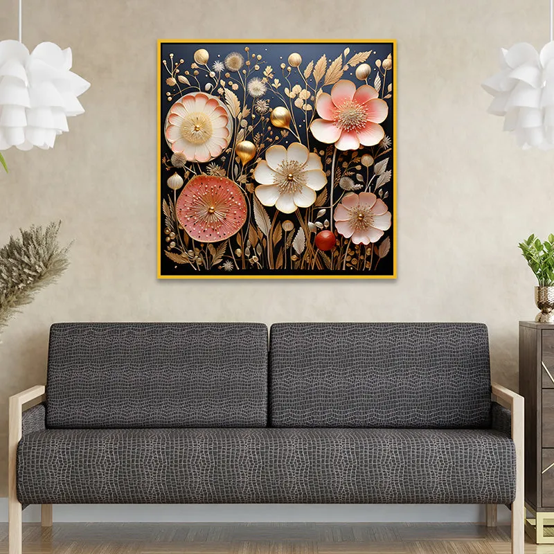 Blooms Of Night Canvas Wall Painting With Frame - Gold media 4