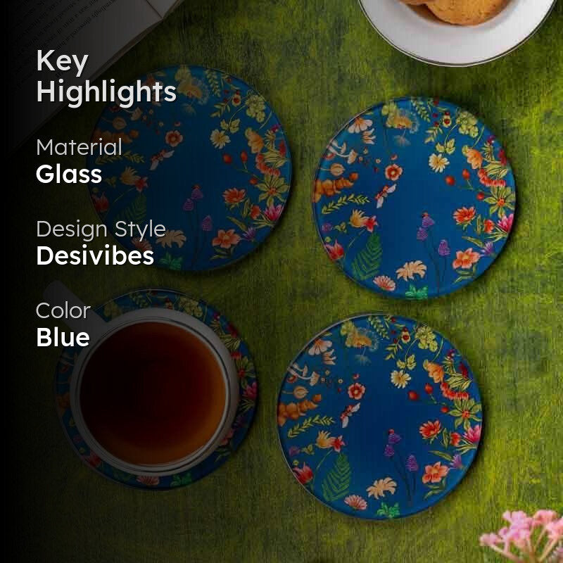 Floral Bliss Blue Round Glass Coasters - Set Of Four media 2