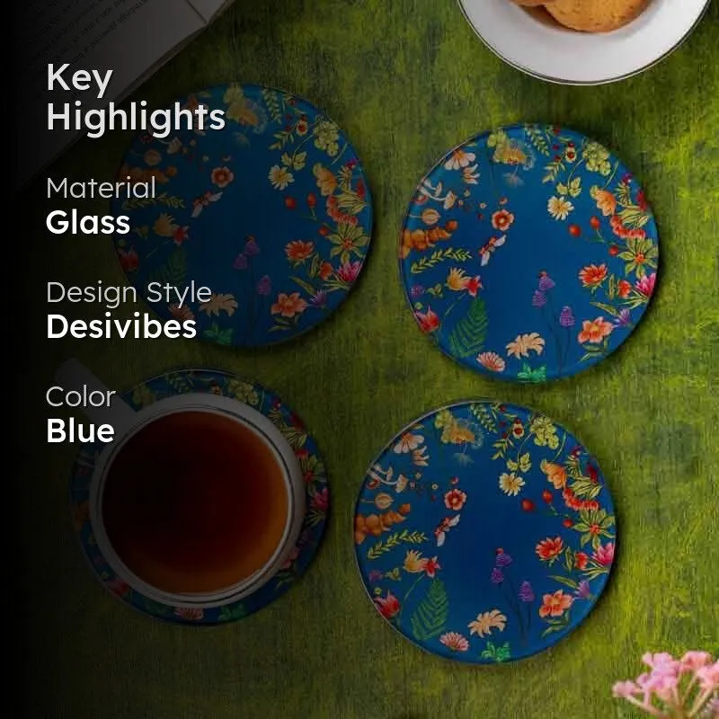 Floral Bliss Blue Round Glass Coasters - Set Of Four media 2