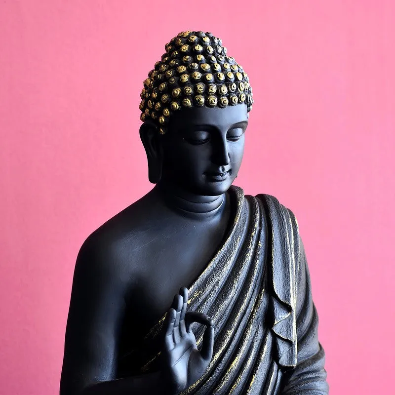 Angled close-up of black Buddha idol with gold-accented robe folds