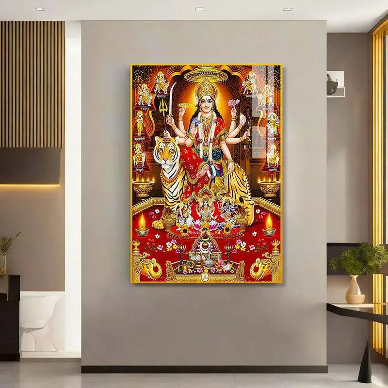Divine Matha Durga Spiritual Canvas Wall Art With Frame - Gold media 1