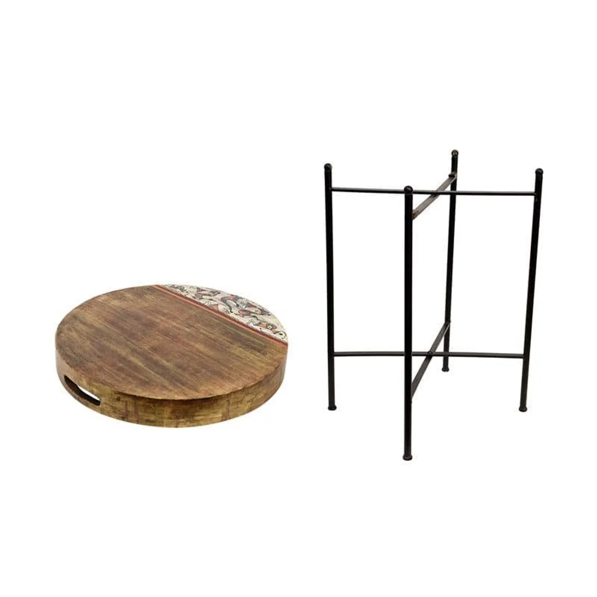 Detached round wooden platter beside its black folding metal stand