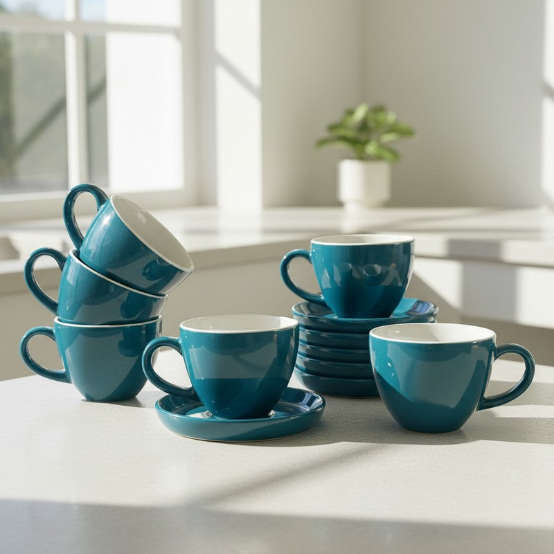 Ceramic Cup & Saucer (Deep Green/180 mL Each) - Set of Six