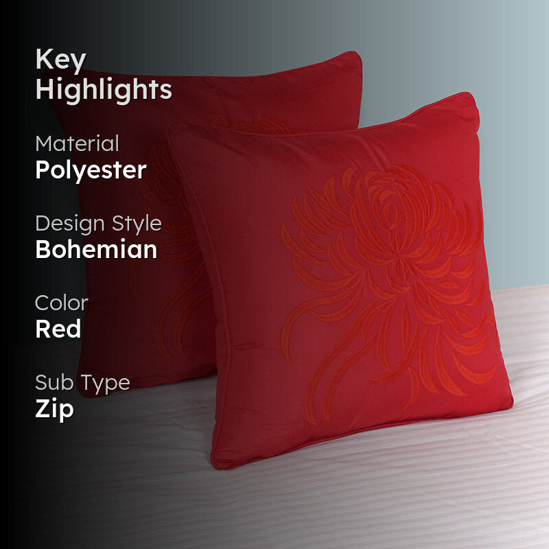 Mayflower Blooms Embroidered Cushion Cover (Red) - Set Of Two media 2