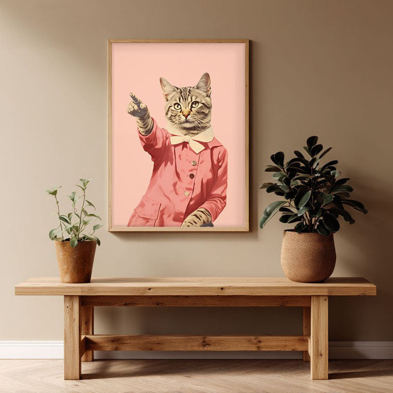 Disco Cat Archival Canvas Wall Art - Natural Brown Frame