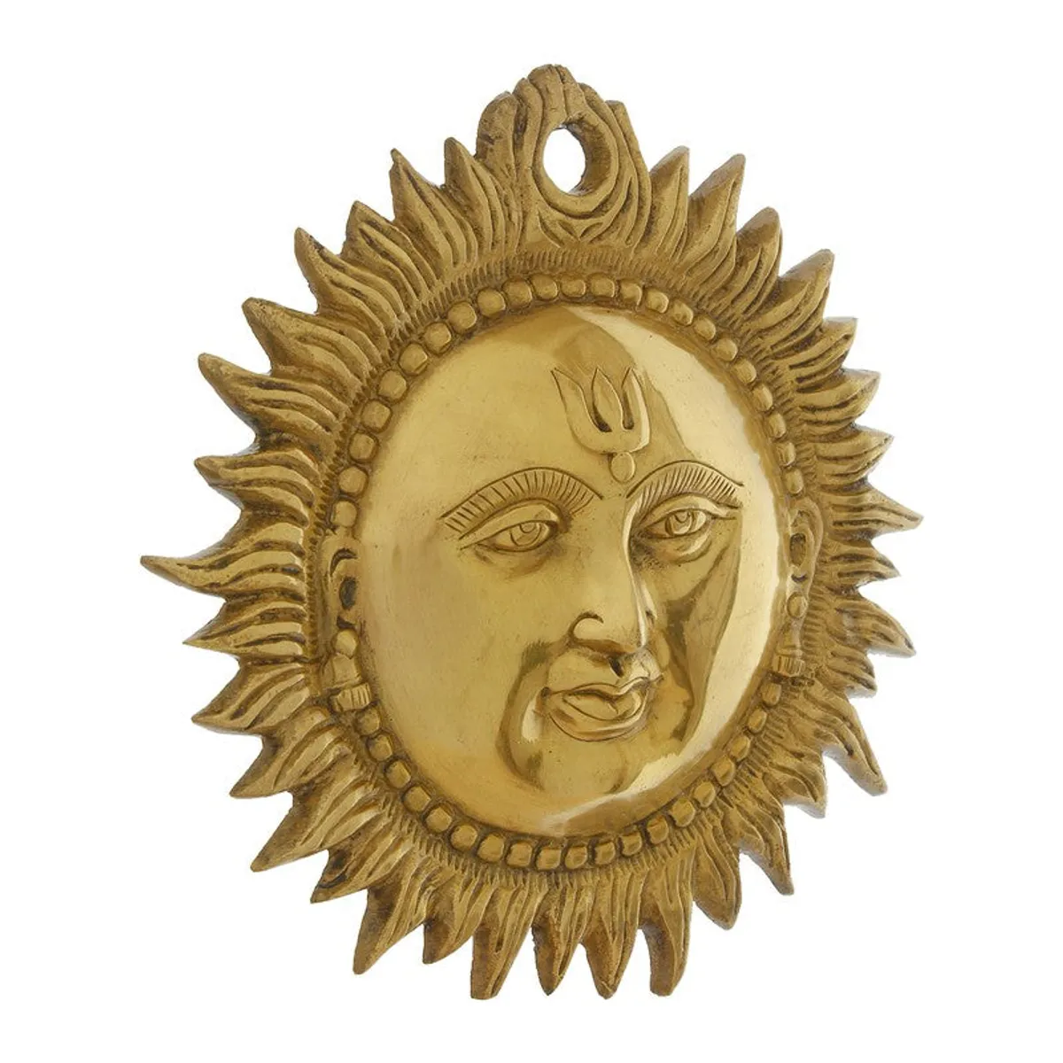 Angled view of the round gold wall hanging