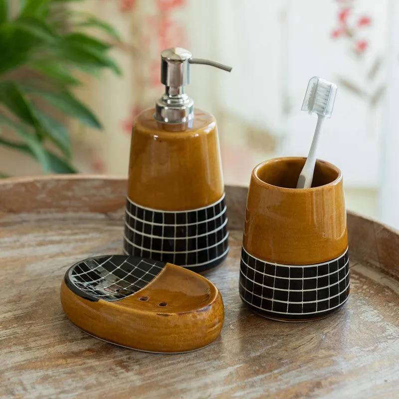 Rustic Ochre Stoneware Bathroom Set - Three Piece Set media 1
