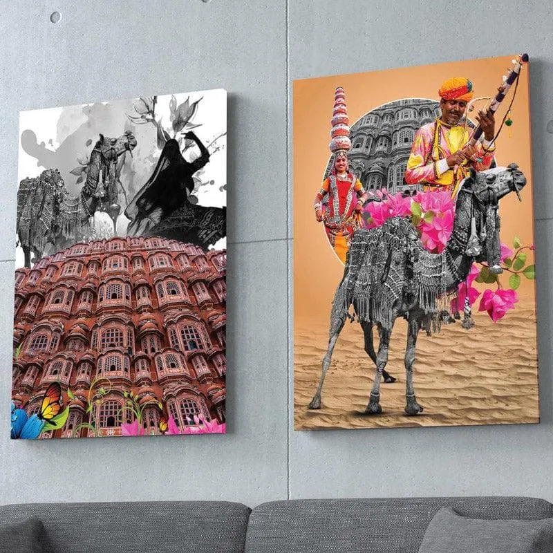 The Hawa Mahal Canvas Wall Painting - Set Of Two media 1